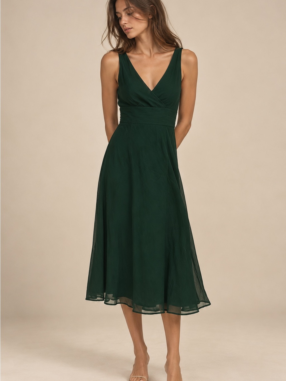 J. Crew Forest Green 100% Silk Chiffon V-Neck Midi Fit &Flare Dress Size 4